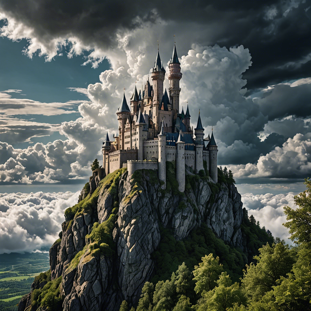 a fairytale castle on a cliff surrounded by clouds, dramatic sky, cinematic, detailed — image 16