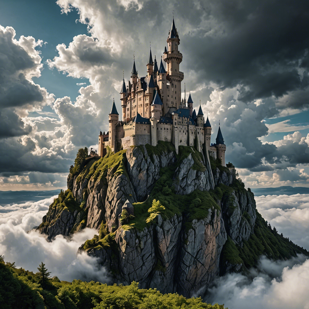 a fairytale castle on a cliff surrounded by clouds, dramatic sky, cinematic, detailed — image 17