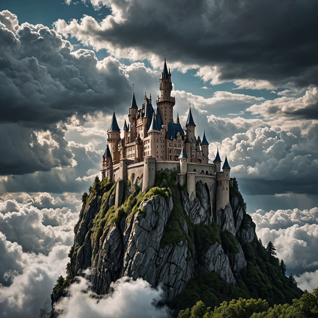 a fairytale castle on a cliff surrounded by clouds, dramatic sky, cinematic, detailed — image 19
