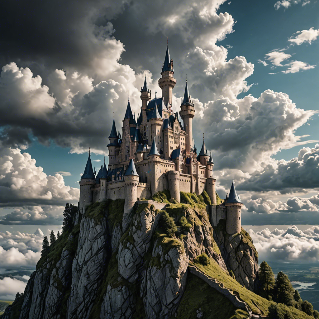 a fairytale castle on a cliff surrounded by clouds, dramatic sky, cinematic, detailed — image 21