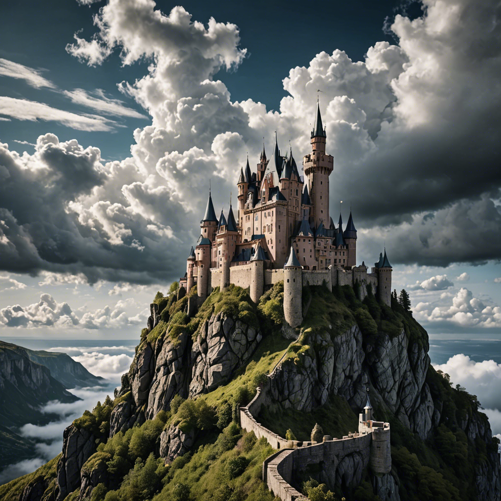 a fairytale castle on a cliff surrounded by clouds, dramatic sky, cinematic, detailed — image 22