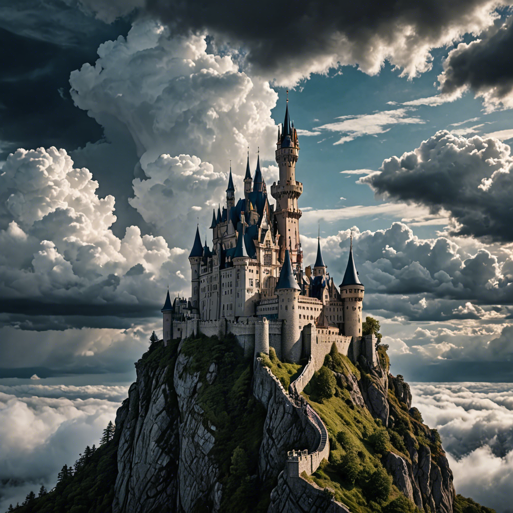 a fairytale castle on a cliff surrounded by clouds, dramatic sky, cinematic, detailed — image 23