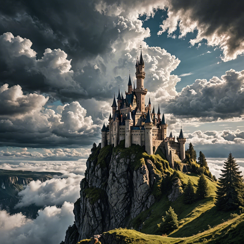 a fairytale castle on a cliff surrounded by clouds, dramatic sky, cinematic, detailed — image 24
