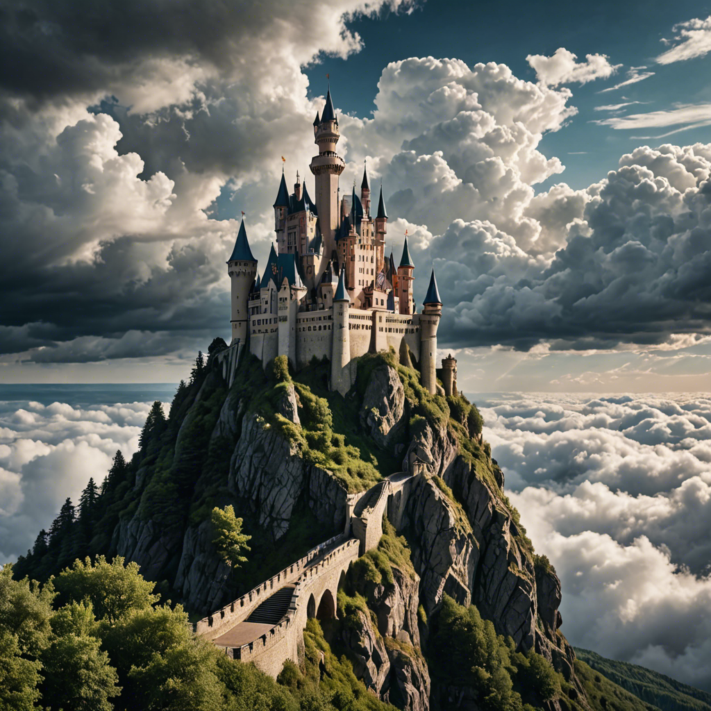 a fairytale castle on a cliff surrounded by clouds, dramatic sky, cinematic, detailed — image 25