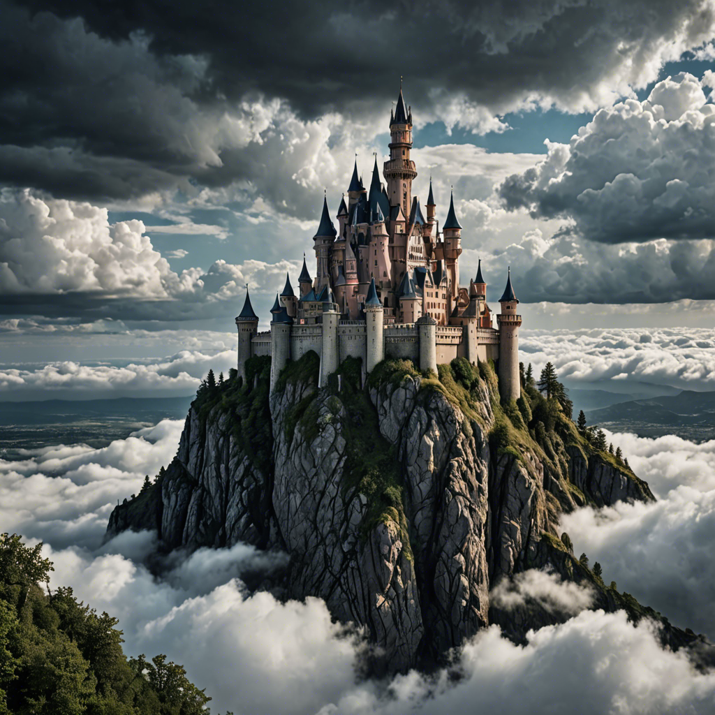 a fairytale castle on a cliff surrounded by clouds, dramatic sky, cinematic, detailed — image 2