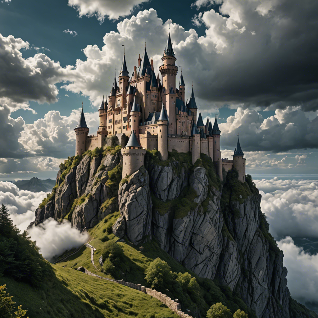 a fairytale castle on a cliff surrounded by clouds, dramatic sky, cinematic, detailed — image 3