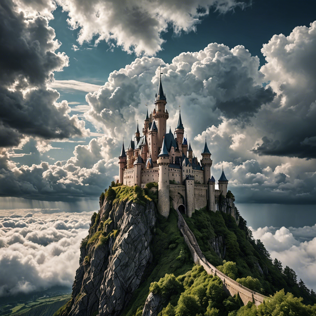 a fairytale castle on a cliff surrounded by clouds, dramatic sky, cinematic, detailed — image 1