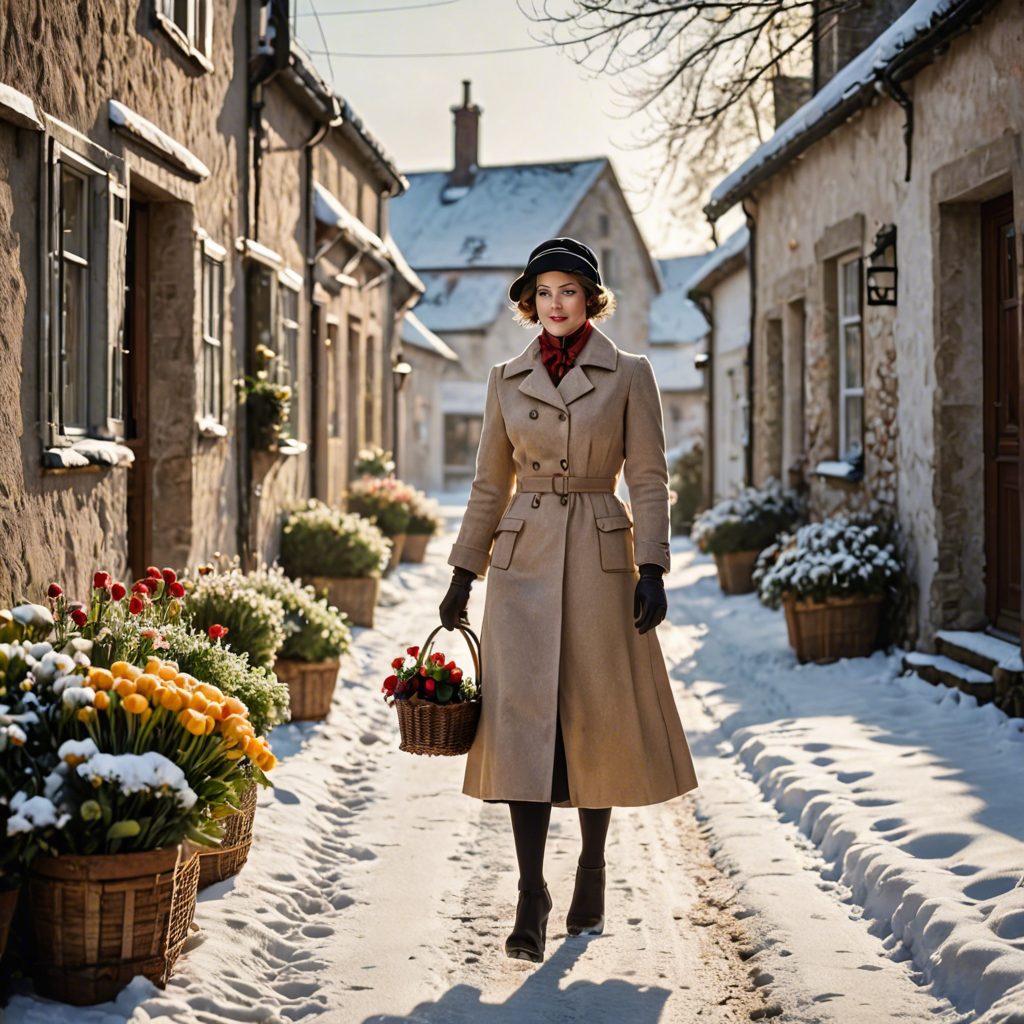 a florist in a vintage 1950s outfit, walking through a snowy village street, gentle backlight, detailed — image 1