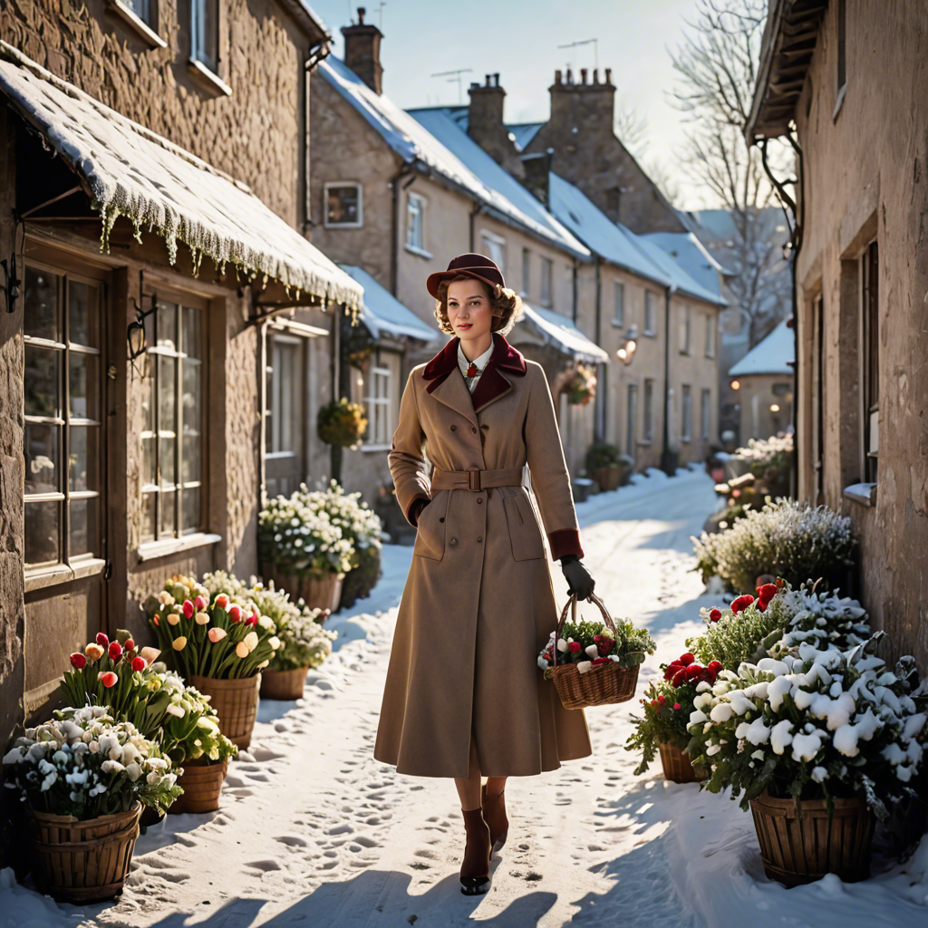 a florist in a vintage 1950s outfit, walking through a snowy village street, gentle backlight, detailed — image 2