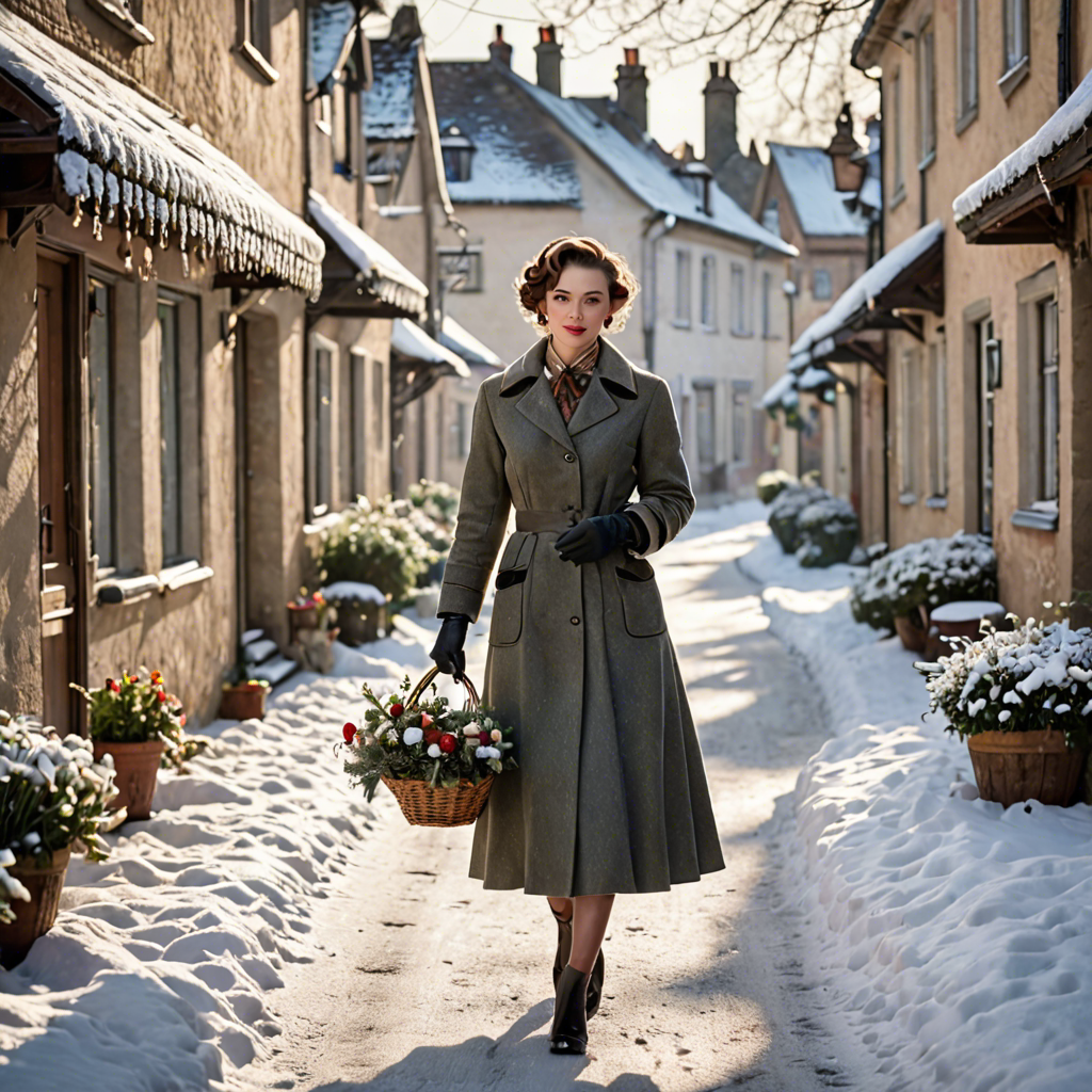 a florist in a vintage 1950s outfit, walking through a snowy village street, gentle backlight, detailed — image 3
