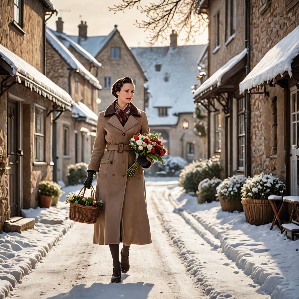 a florist in a vintage 1950s outfit, walking through a snowy village street, gentle backlight, detailed — image 4