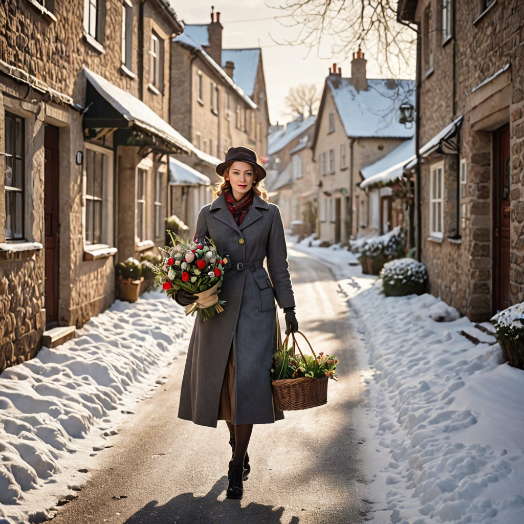 a florist in a vintage 1950s outfit, walking through a snowy village street, gentle backlight, detailed — image 5