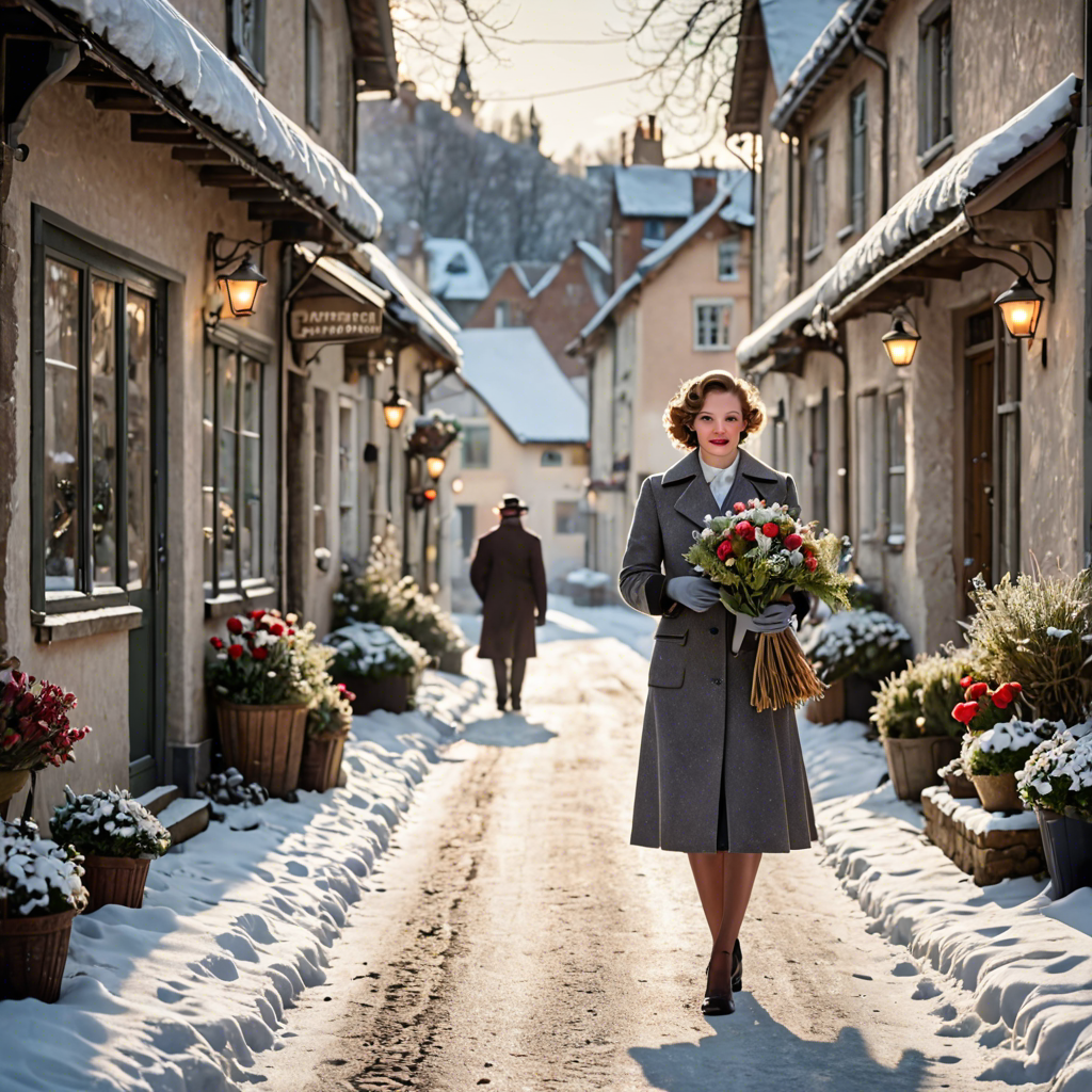 a florist in a vintage 1950s outfit, walking through a snowy village street, gentle backlight, detailed — image 6