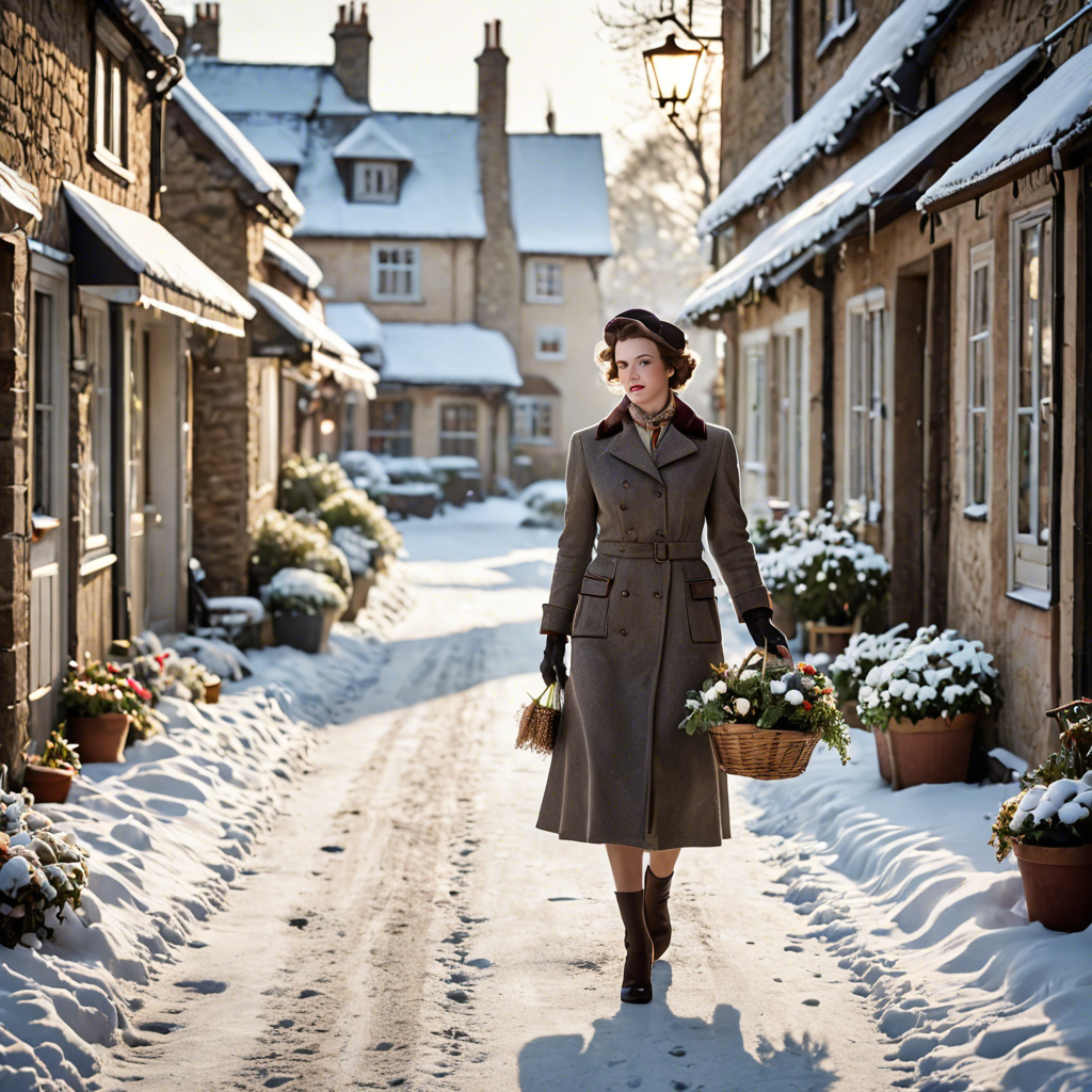 a florist in a vintage 1950s outfit, walking through a snowy village street, gentle backlight, detailed — image 8