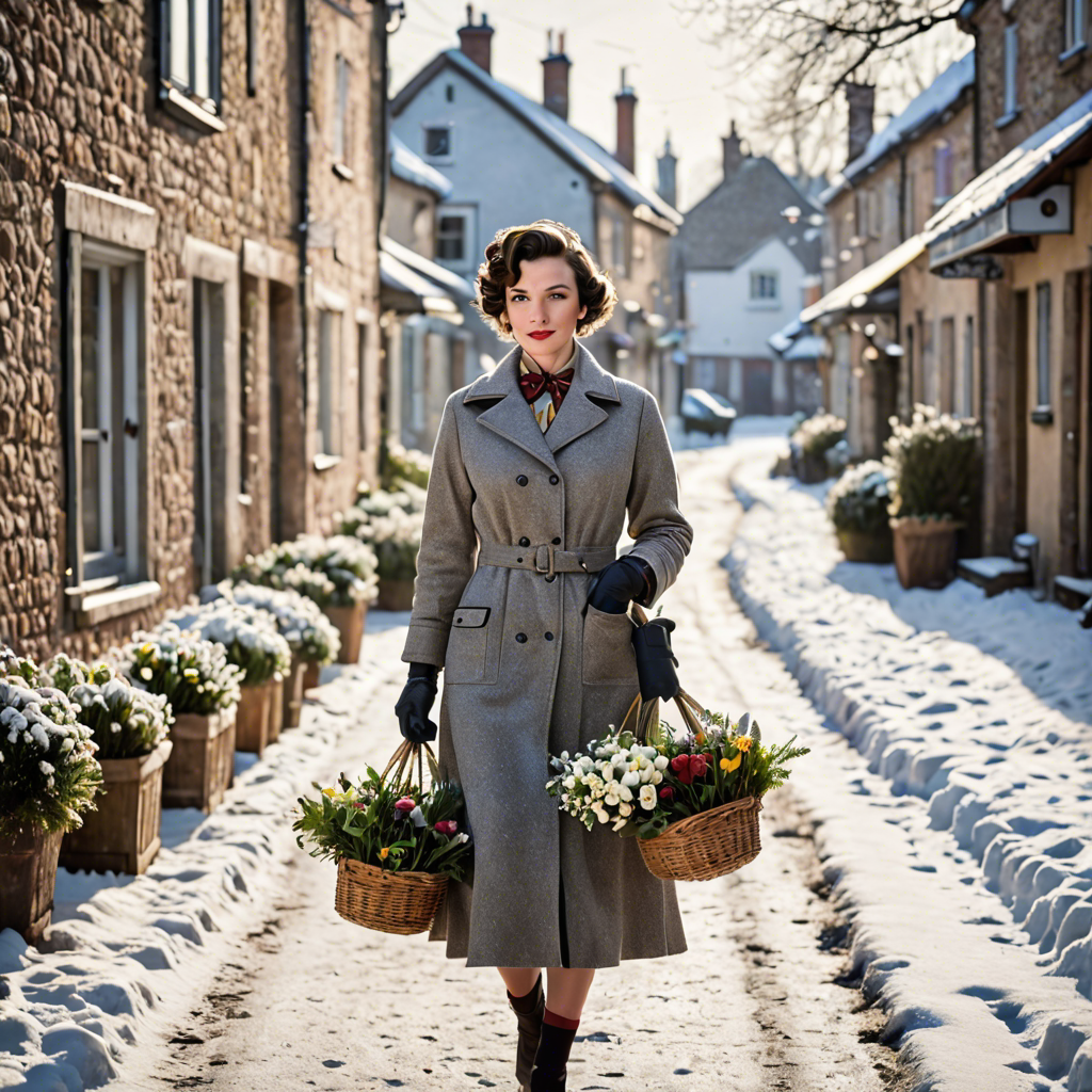a florist in a vintage 1950s outfit, walking through a snowy village street, gentle backlight, detailed — image 9