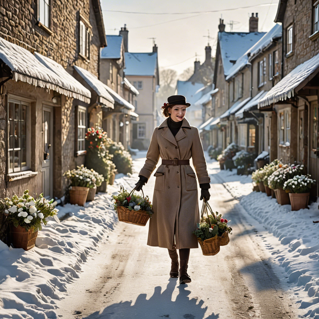 a florist in a vintage 1950s outfit, walking through a snowy village street, gentle backlight, detailed — image 10