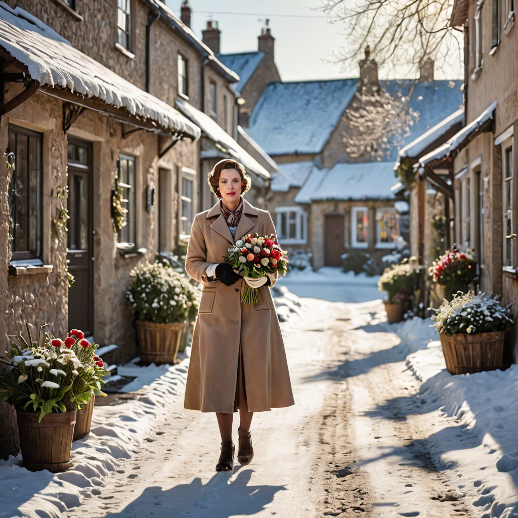 a florist in a vintage 1950s outfit, walking through a snowy village street, gentle backlight, detailed — image 11