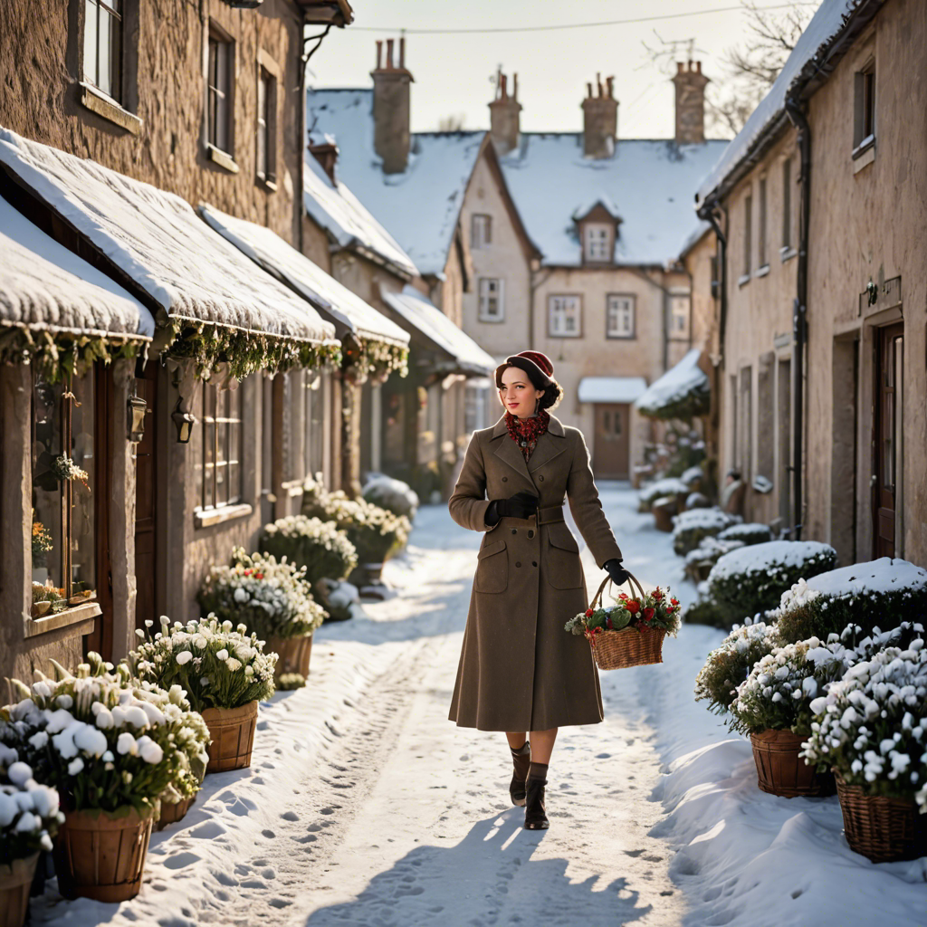 a florist in a vintage 1950s outfit, walking through a snowy village street, gentle backlight, detailed — image 12