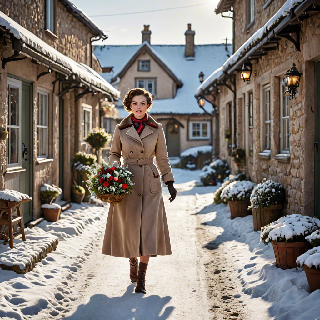 a florist in a vintage 1950s outfit, walking through a snowy village street, gentle backlight, detailed — image 13