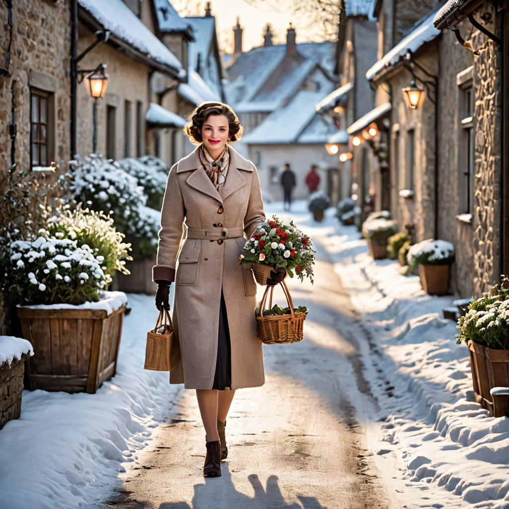 a florist in a vintage 1950s outfit, walking through a snowy village street, gentle backlight, detailed — image 14