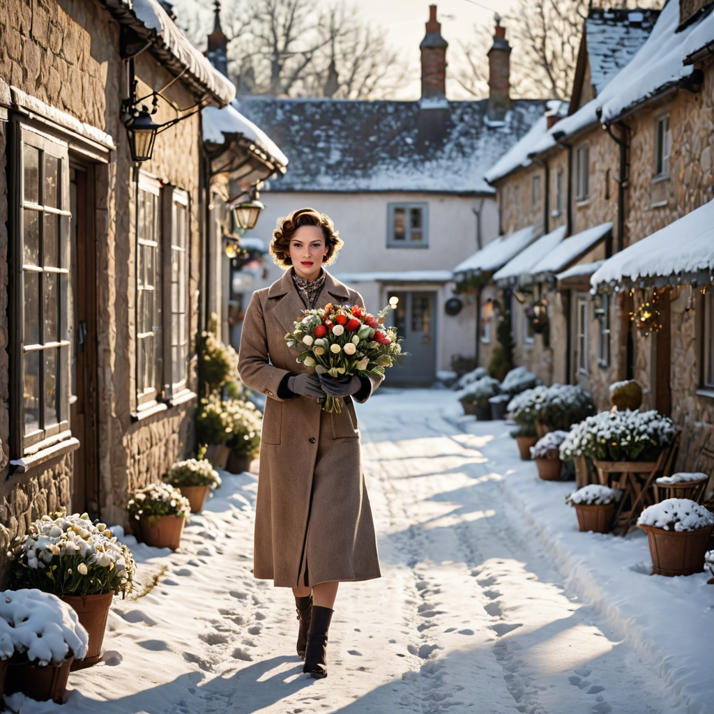 a florist in a vintage 1950s outfit, walking through a snowy village street, gentle backlight, detailed — image 15