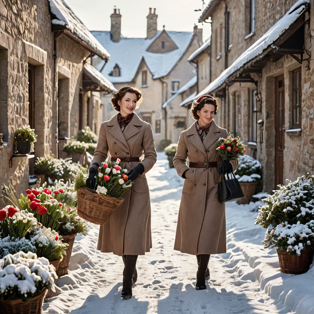 a florist in a vintage 1950s outfit, walking through a snowy village street, gentle backlight, detailed — image 16