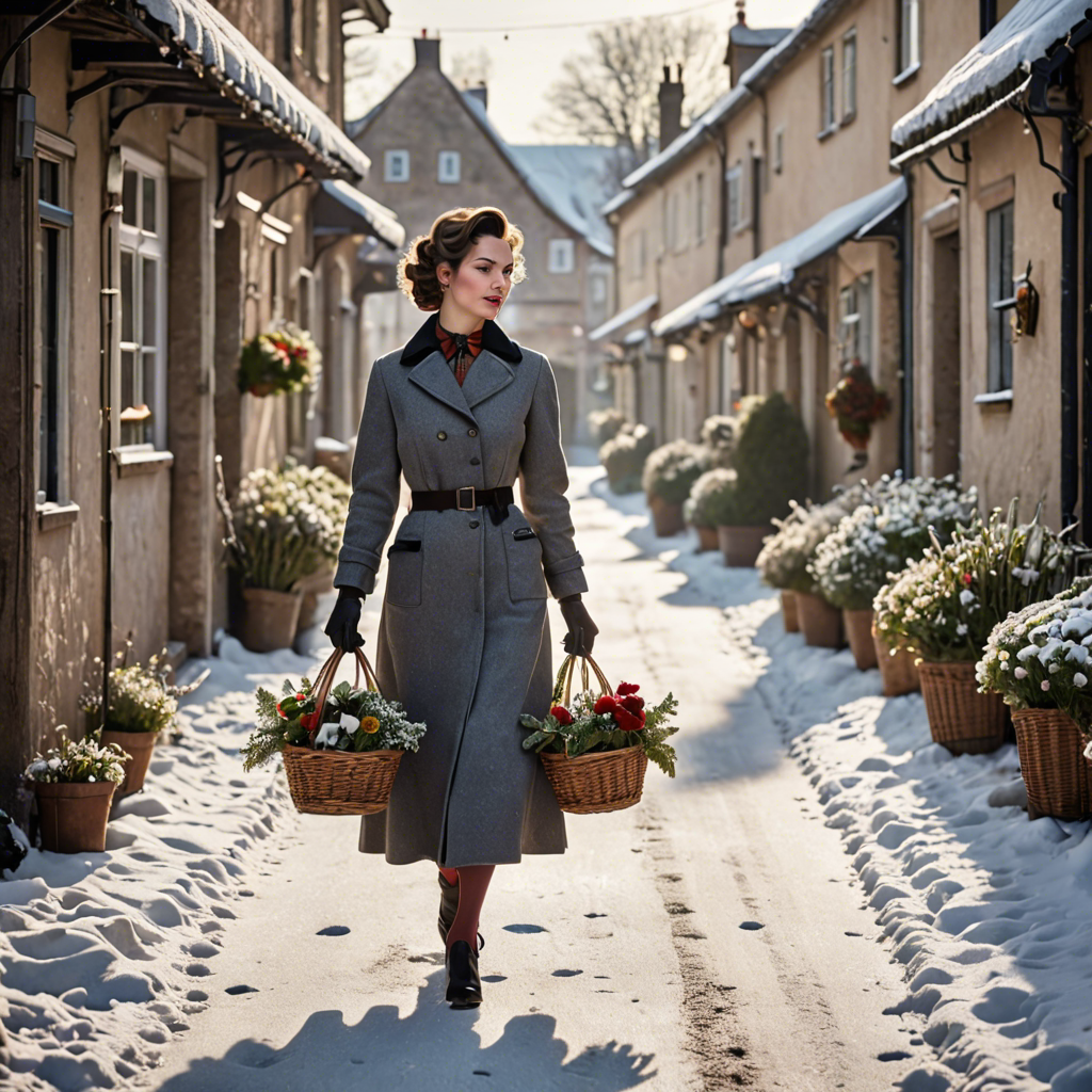 a florist in a vintage 1950s outfit, walking through a snowy village street, gentle backlight, detailed — image 17