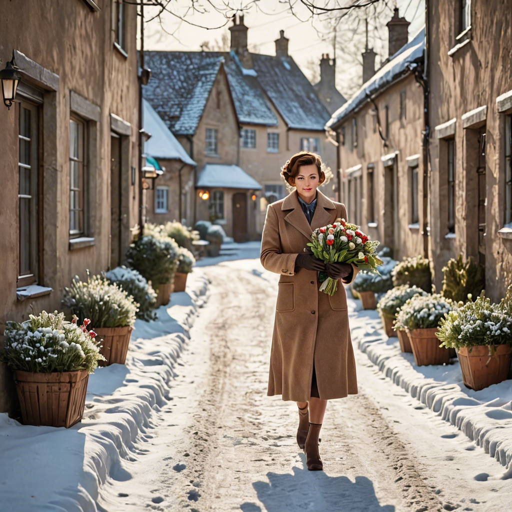 a florist in a vintage 1950s outfit, walking through a snowy village street, gentle backlight, detailed — image 18