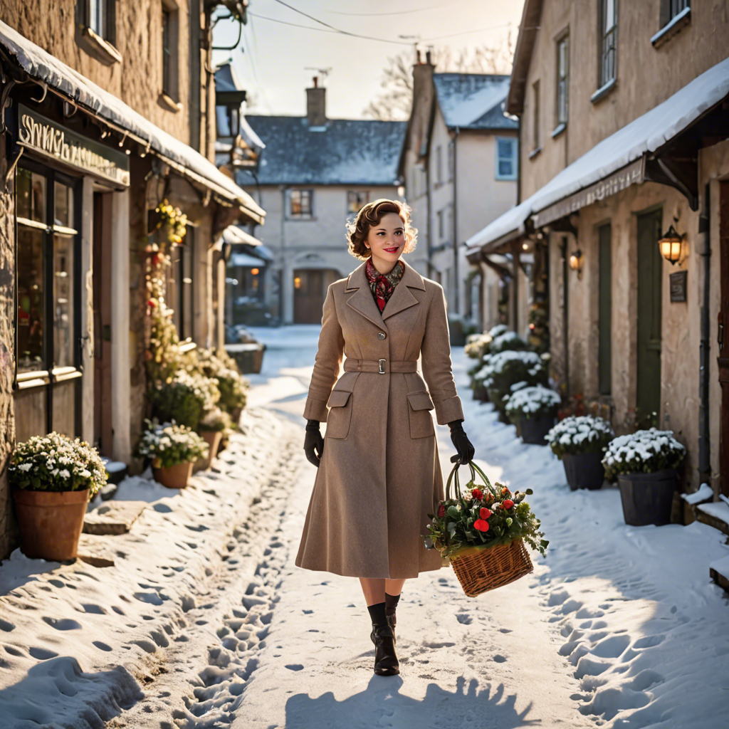a florist in a vintage 1950s outfit, walking through a snowy village street, gentle backlight, detailed — image 19