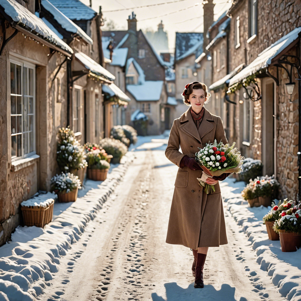 a florist in a vintage 1950s outfit, walking through a snowy village street, gentle backlight, detailed — image 20