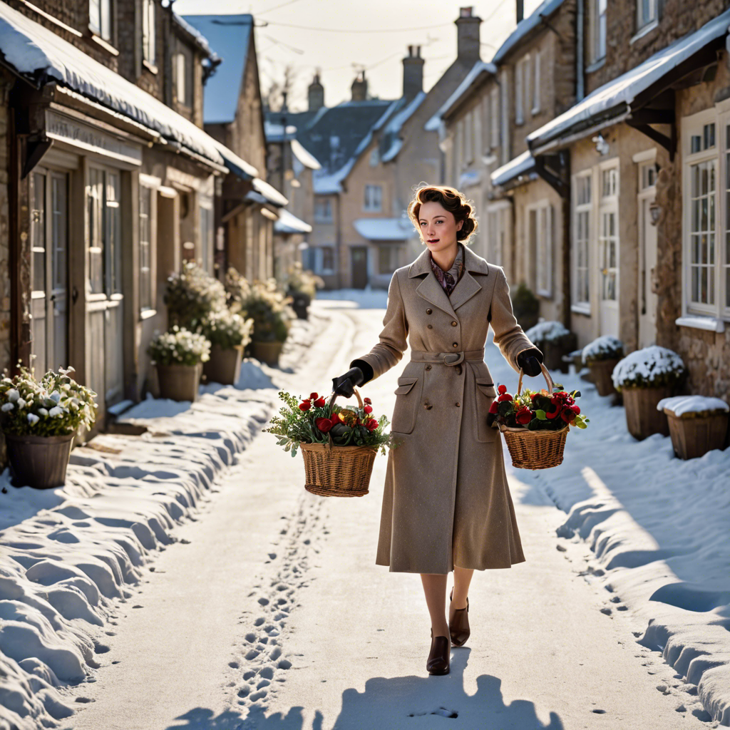 a florist in a vintage 1950s outfit, walking through a snowy village street, gentle backlight, detailed — image 21