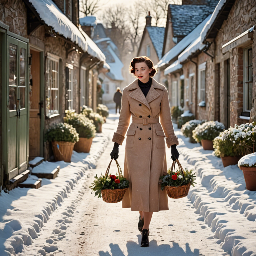 a florist in a vintage 1950s outfit, walking through a snowy village street, gentle backlight, detailed — image 22