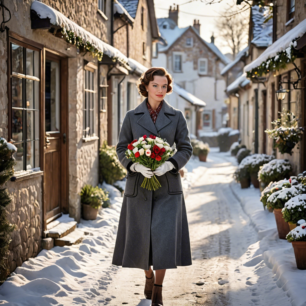 a florist in a vintage 1950s outfit, walking through a snowy village street, gentle backlight, detailed — image 23