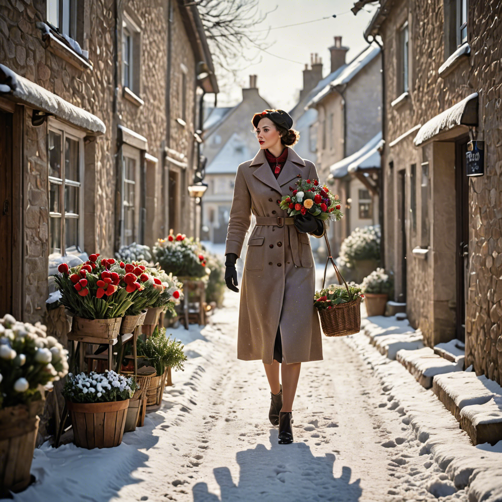 a florist in a vintage 1950s outfit, walking through a snowy village street, gentle backlight, detailed — image 24