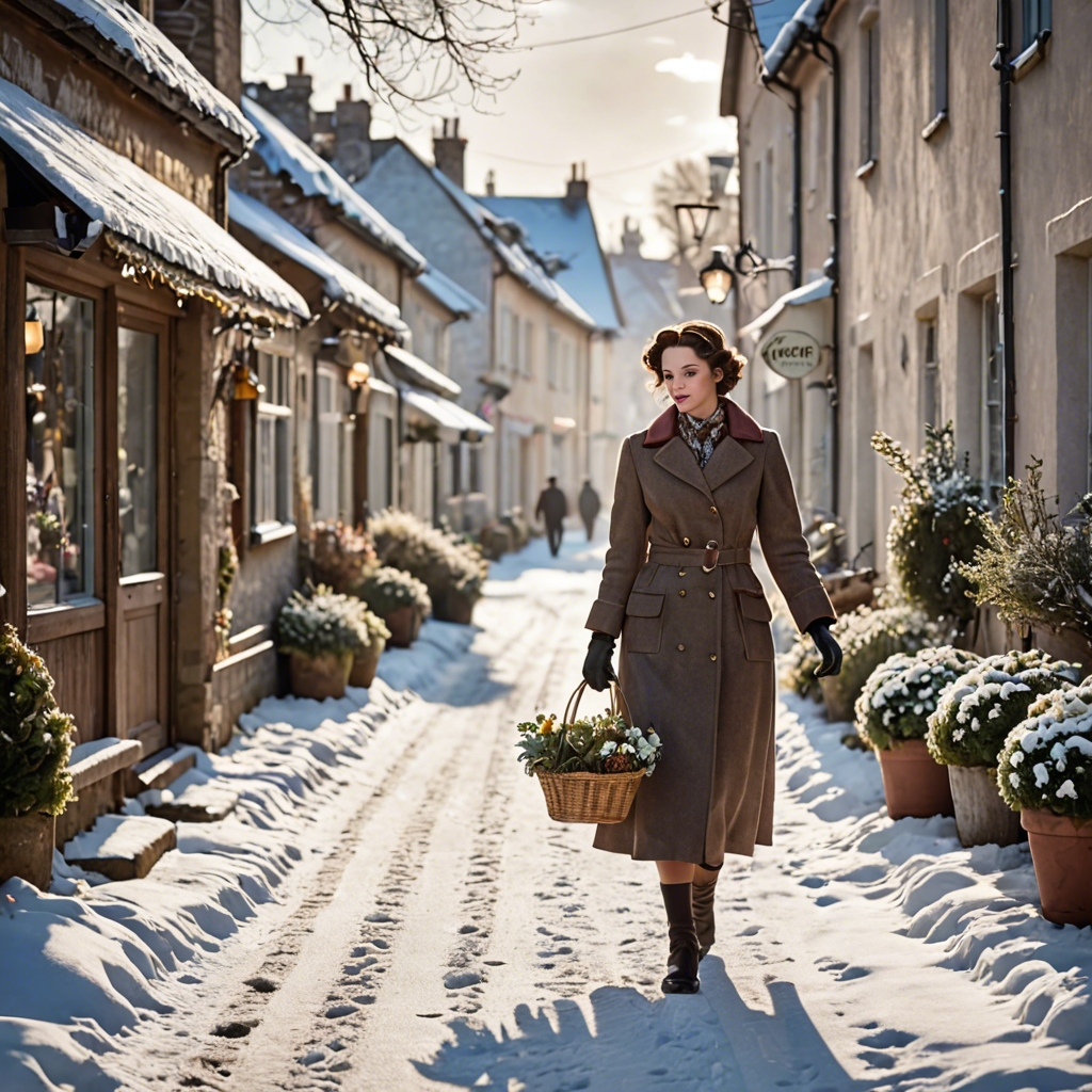 a florist in a vintage 1950s outfit, walking through a snowy village street, gentle backlight, detailed — image 25