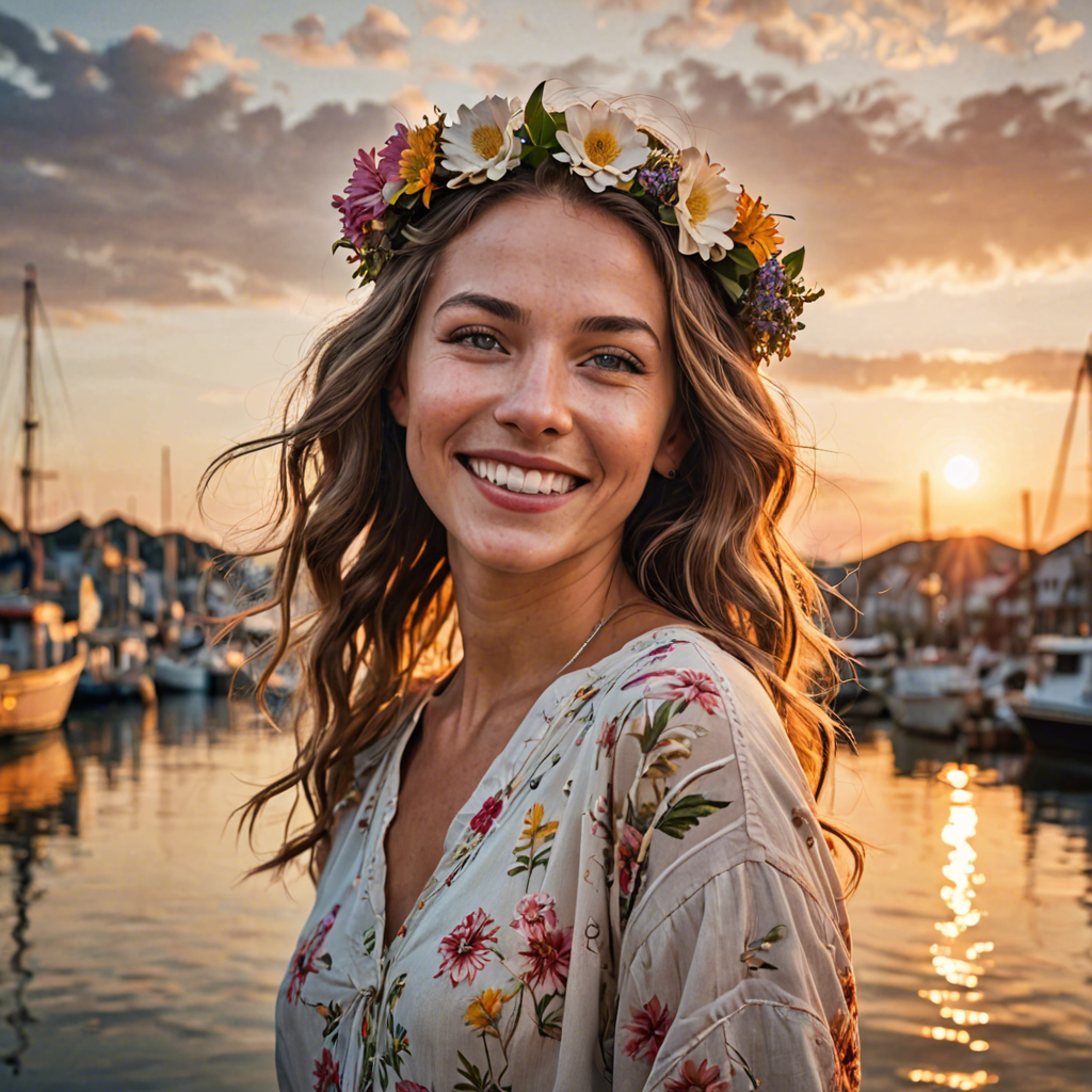 a joyful woman with flowers woven in her hair, standing in a harbor town at sunset, soft cinematic lighting, detailed — image 1