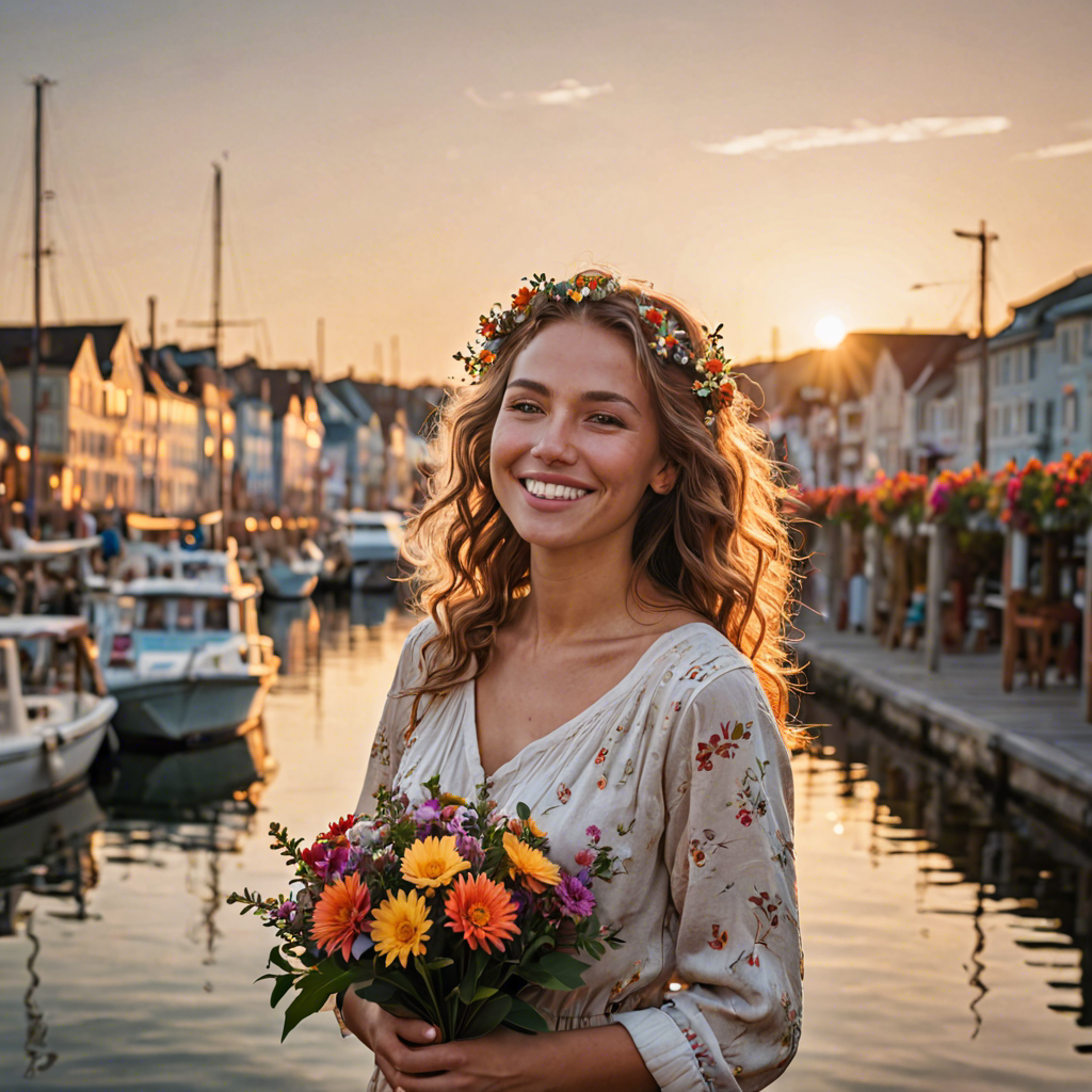 a joyful woman with flowers woven in her hair, standing in a harbor town at sunset, soft cinematic lighting, detailed — image 2