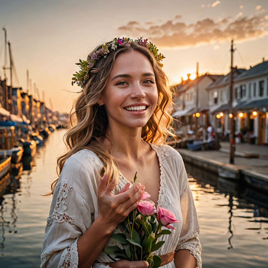 a joyful woman with flowers woven in her hair, standing in a harbor town at sunset, soft cinematic lighting, detailed — image 3