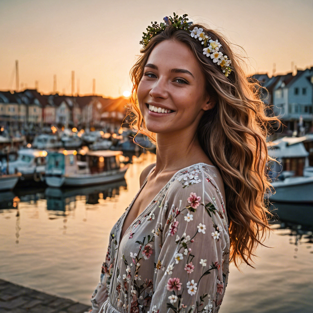 a joyful woman with flowers woven in her hair, standing in a harbor town at sunset, soft cinematic lighting, detailed — image 4