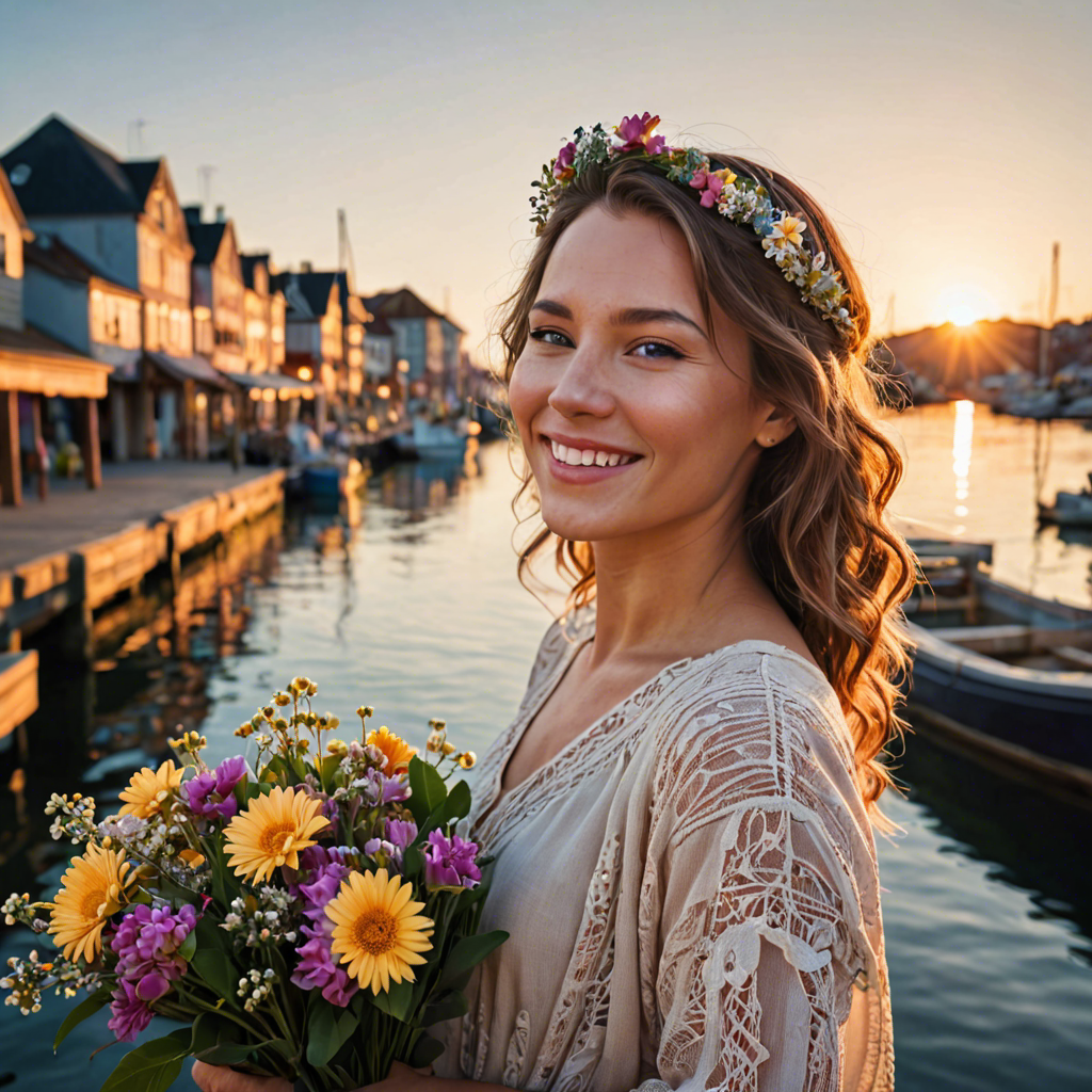 a joyful woman with flowers woven in her hair, standing in a harbor town at sunset, soft cinematic lighting, detailed — image 5