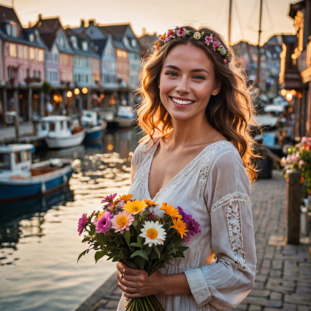 a joyful woman with flowers woven in her hair, standing in a harbor town at sunset, soft cinematic lighting, detailed — image 6