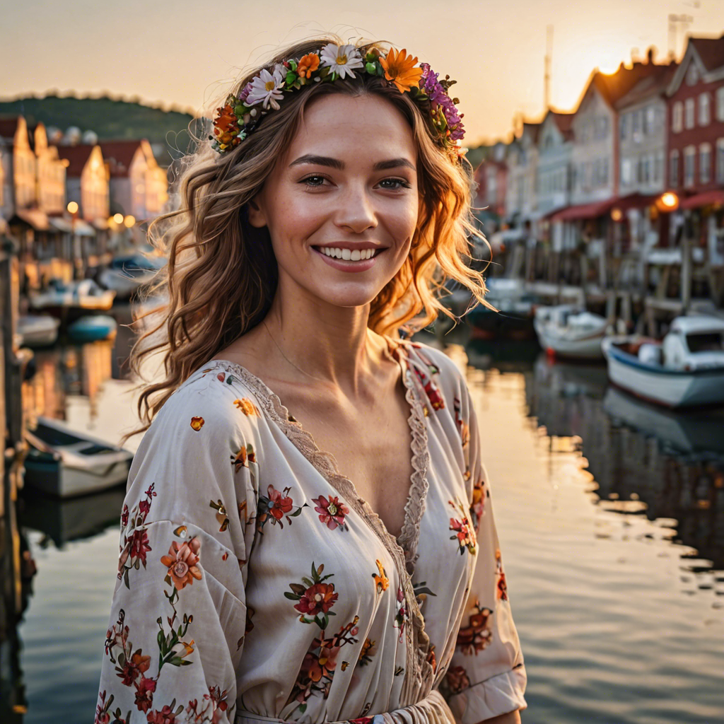 a joyful woman with flowers woven in her hair, standing in a harbor town at sunset, soft cinematic lighting, detailed — image 7
