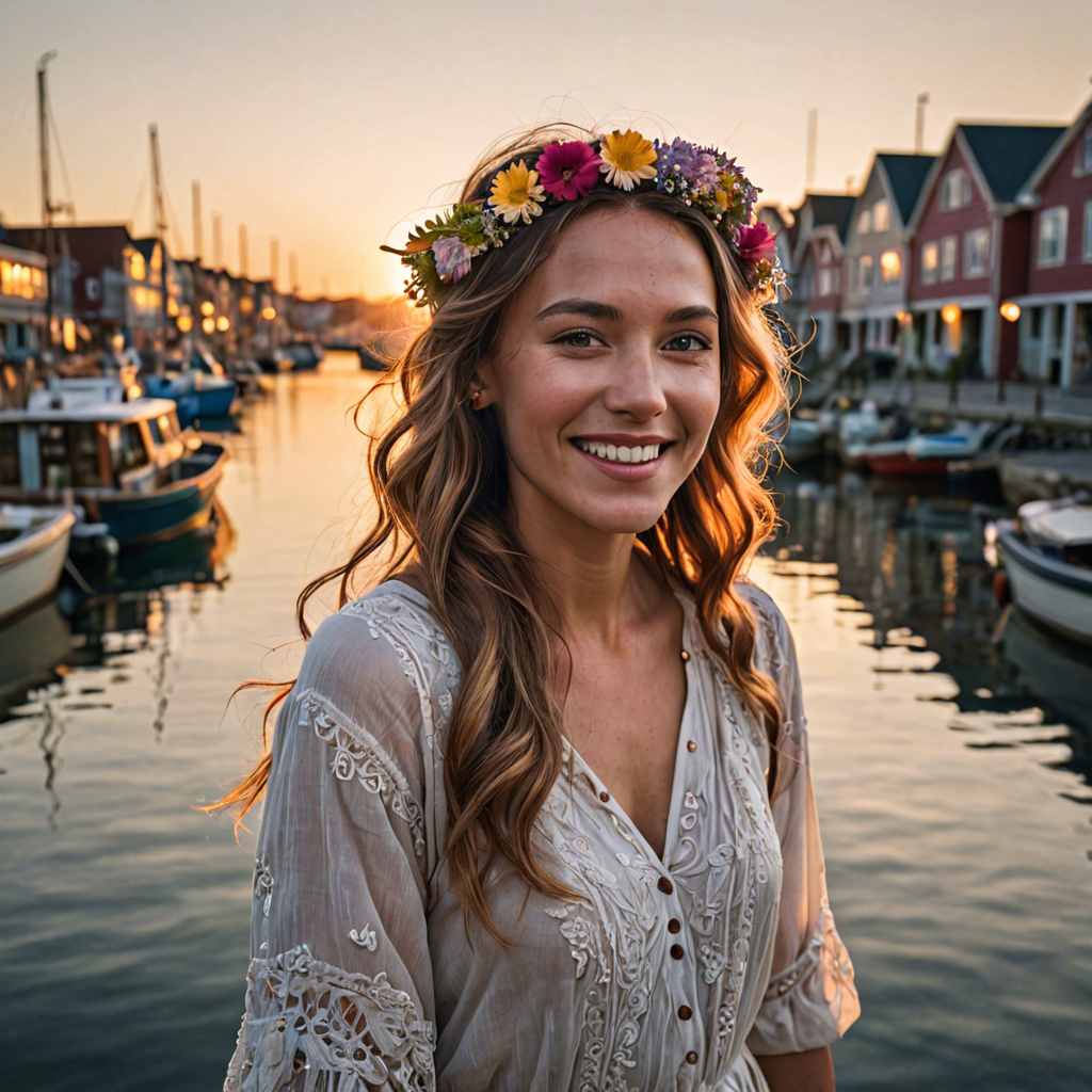 a joyful woman with flowers woven in her hair, standing in a harbor town at sunset, soft cinematic lighting, detailed — image 8