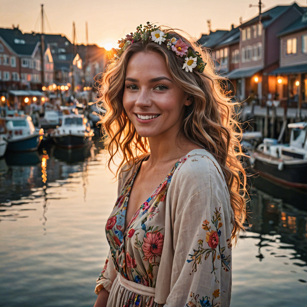 a joyful woman with flowers woven in her hair, standing in a harbor town at sunset, soft cinematic lighting, detailed — image 9