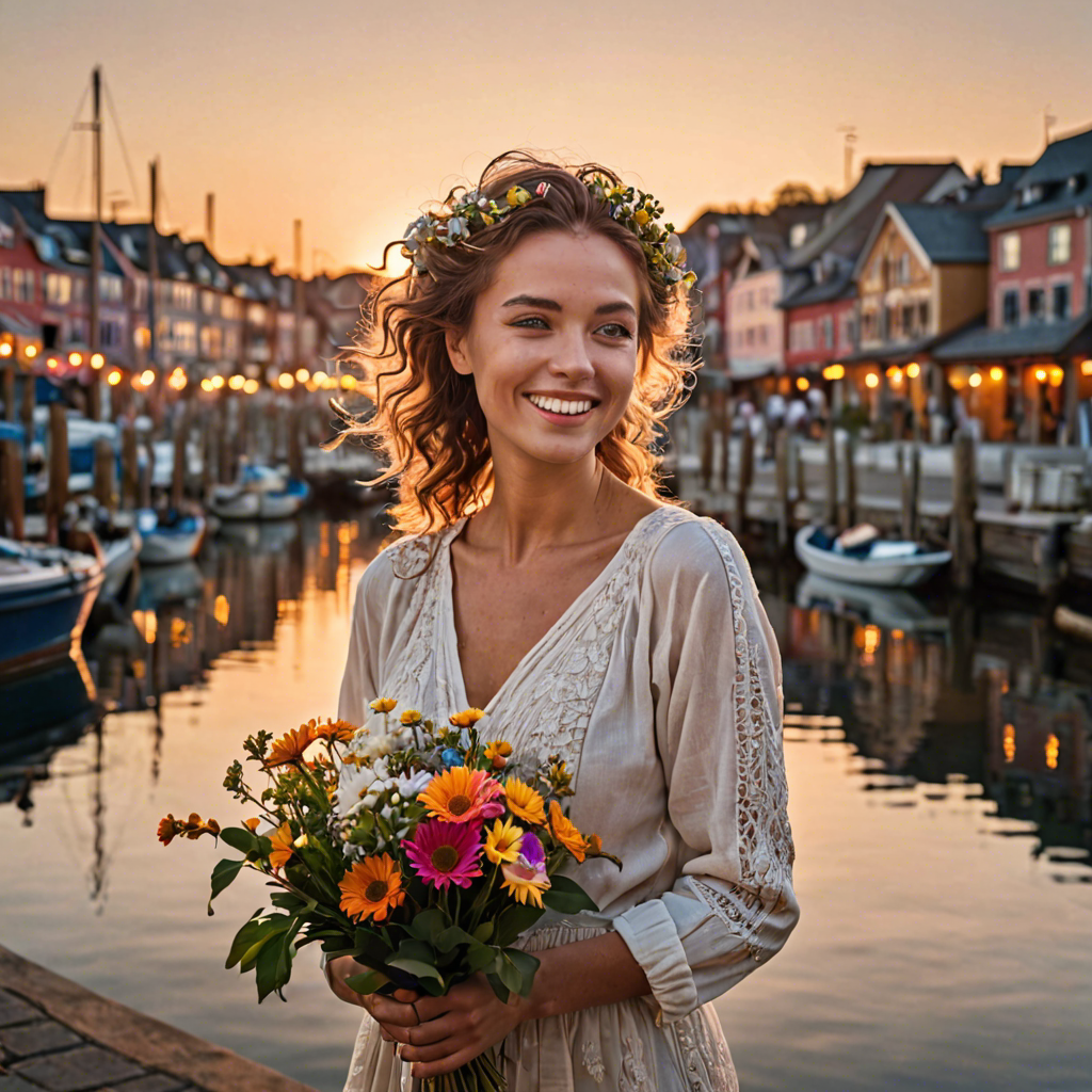 a joyful woman with flowers woven in her hair, standing in a harbor town at sunset, soft cinematic lighting, detailed — image 10