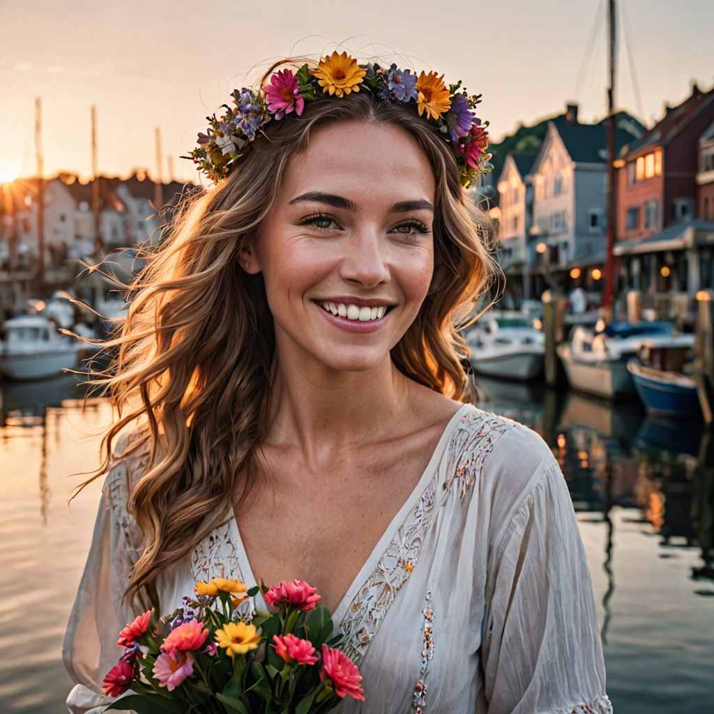 a joyful woman with flowers woven in her hair, standing in a harbor town at sunset, soft cinematic lighting, detailed — image 11