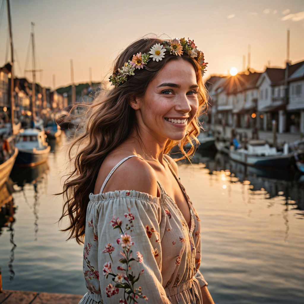 a joyful woman with flowers woven in her hair, standing in a harbor town at sunset, soft cinematic lighting, detailed — image 12