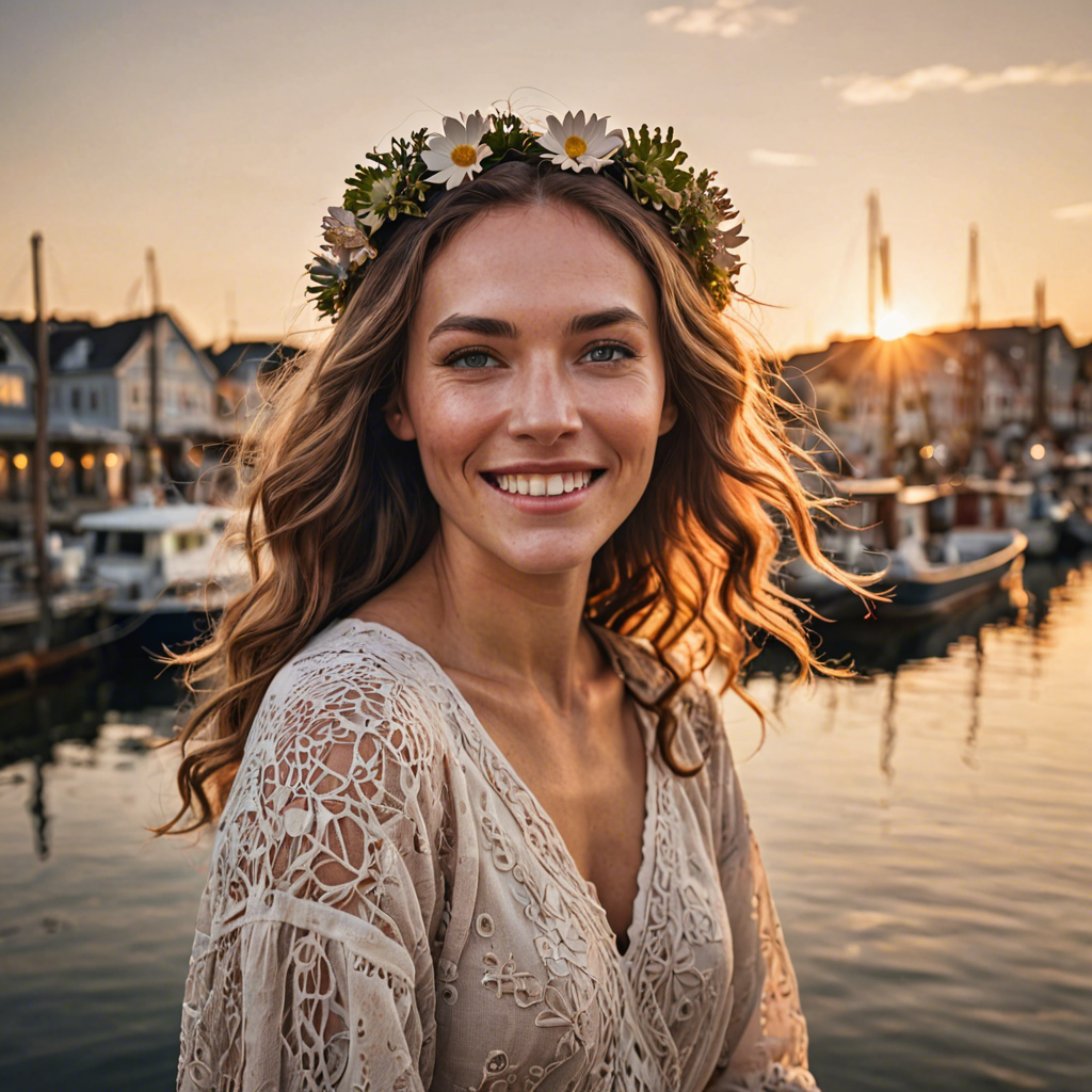 a joyful woman with flowers woven in her hair, standing in a harbor town at sunset, soft cinematic lighting, detailed — image 13