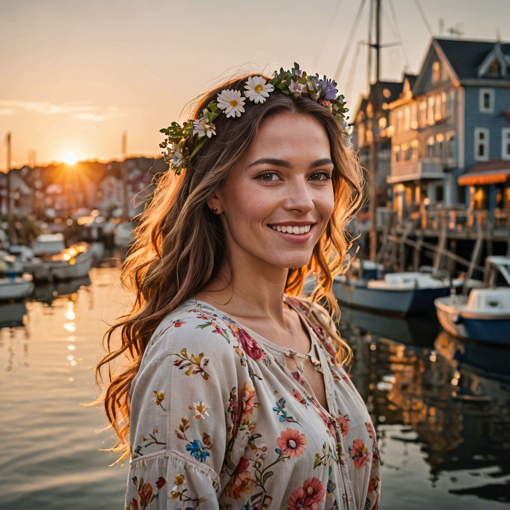 a joyful woman with flowers woven in her hair, standing in a harbor town at sunset, soft cinematic lighting, detailed — image 14