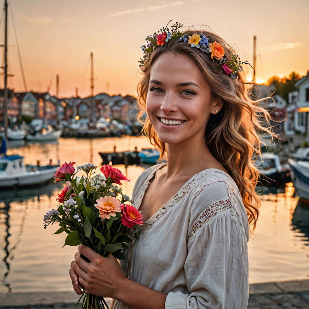 a joyful woman with flowers woven in her hair, standing in a harbor town at sunset, soft cinematic lighting, detailed — image 15